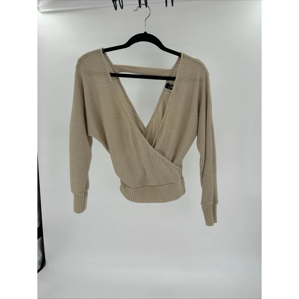 Windsor Womens Tan‎ Knit Surplice Wrap V-Neck Open Back Sweater T3205 Medium
